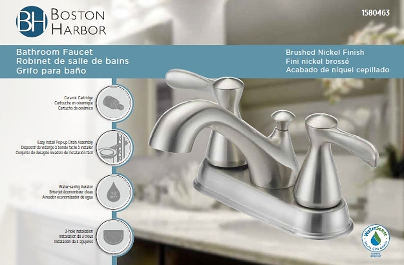 Boston Harbor F51B0010NP Lavatory Faucet, 1.2 gpm, 2-Handle, 3-Faucet Hole, Metal/Plastic, Brushed Nickel
