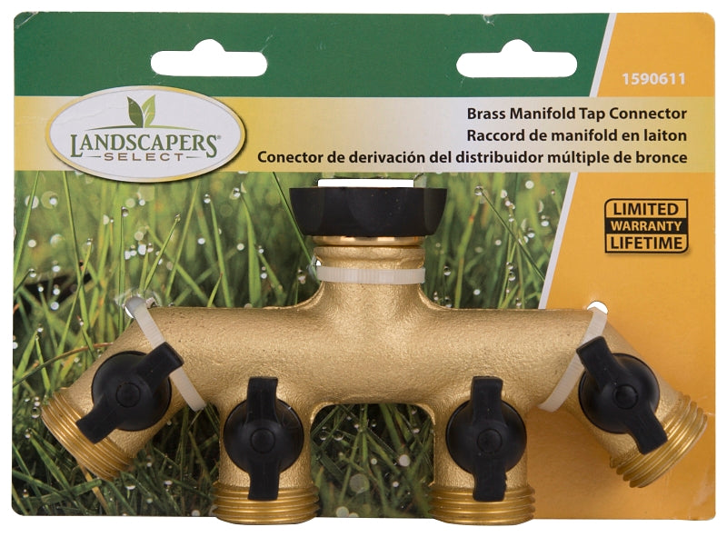 Landscapers Select GB9114A Faucet Manifold, 3/4 in Female, 4-Port/Way, Brass