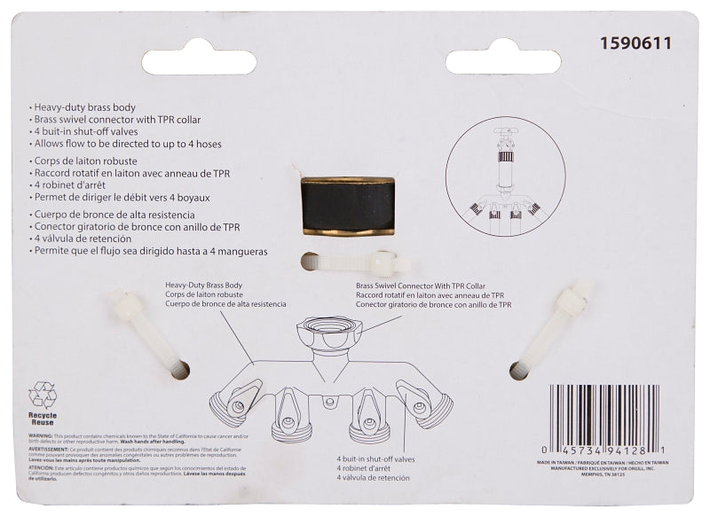 Landscapers Select GB9114A Faucet Manifold, 3/4 in Female, 4-Port/Way, Brass
