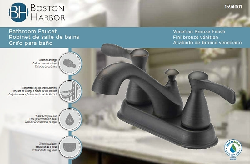 Boston Harbor F51B0010RW Lavatory Faucet, 1.2 gpm, 2-Handle, 3-Faucet Hole, Metal/Plastic, Venetian Bronze