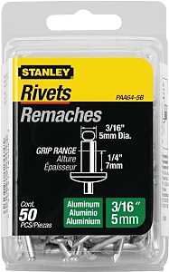 STANLEY PAA64-5B Pop Rivet, Reusable, 1/4 in Grip, 3/16, 1-1/2 in L, Aluminum, 50/PK