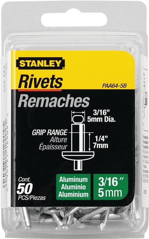 STANLEY PAA64-5B Pop Rivet, Reusable, 1/4 in Grip, 3/16, 1-1/2 in L, Aluminum, 50/PK