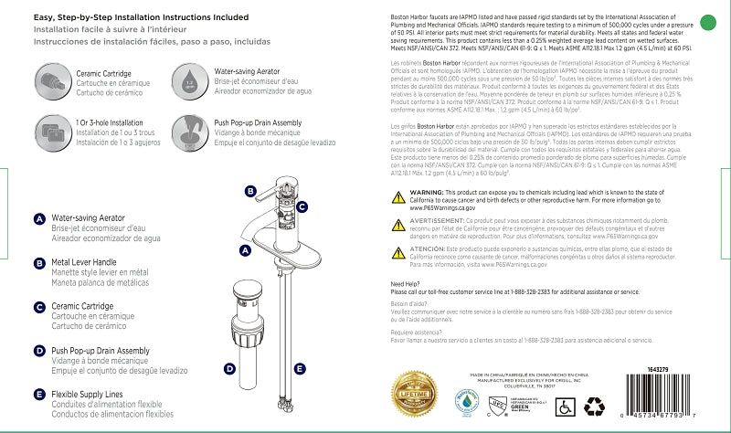 Boston Harbor FS6A0128CP Lavatory Faucet, 1.2 gpm, 1-Handle, 1 or 3-Faucet Hole, Metal/Plastics, Chrome