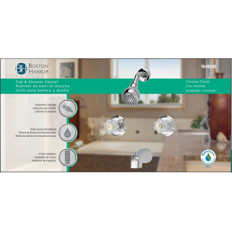 Boston Harbor GU-TQOB016CP Tub and Shower Faucet, Fixed Mount Showerhead, 1.75 gpm Showerhead, 1 Spray Settings