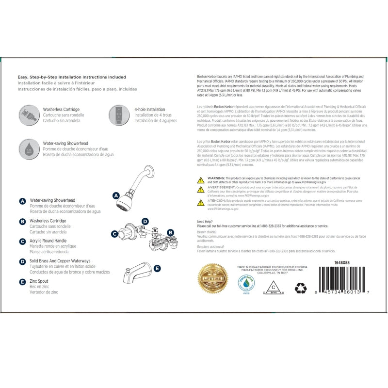 Boston Harbor GU-TQOB016CP Tub and Shower Faucet, Fixed Mount Showerhead, 1.75 gpm Showerhead, 1 Spray Settings