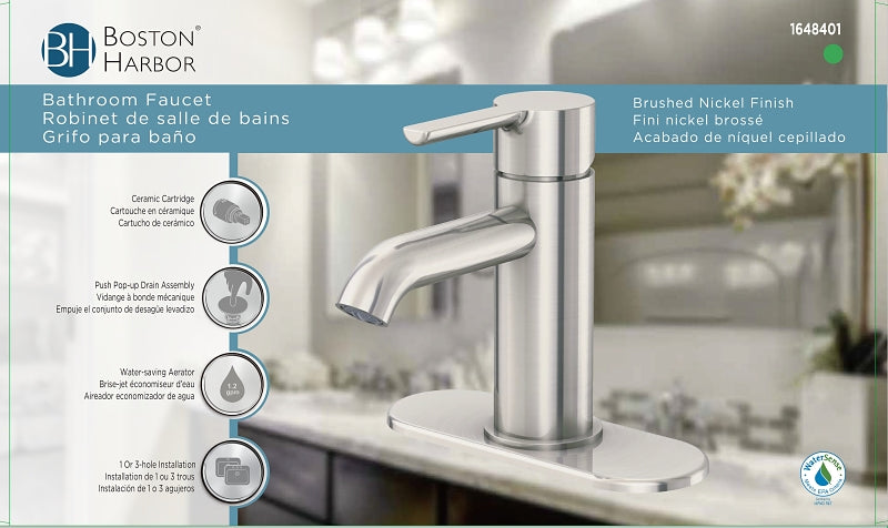 Boston Harbor FS6A0128NP Lavatory Faucet, 1.2 gpm, 1-Handle, 1 or 3-Faucet Hole, Metal/Plastics, Brushed Nickel