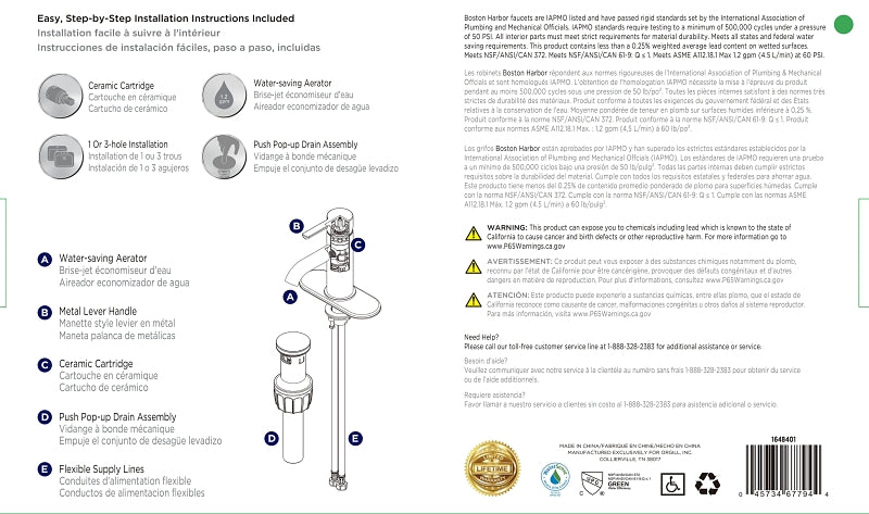 Boston Harbor FS6A0128NP Lavatory Faucet, 1.2 gpm, 1-Handle, 1 or 3-Faucet Hole, Metal/Plastics, Brushed Nickel