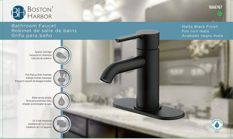 Boston Harbor FS6A0128BL Lavatory Faucet, 1.2 gpm, 1-Handle, 1 or 3-Faucet Hole, Metal/Plastics