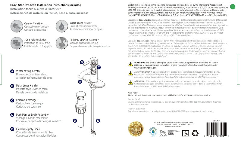 Boston Harbor FS6A0128BL Lavatory Faucet, 1.2 gpm, 1-Handle, 1 or 3-Faucet Hole, Metal/Plastics