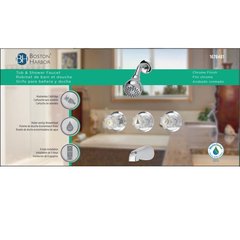 Boston Harbor GU-F3010506CP Tub/Shower, Fixed Mount Showerhead, 1.75 gpm Showerhead, 1 Spray Settings, 3-Handle