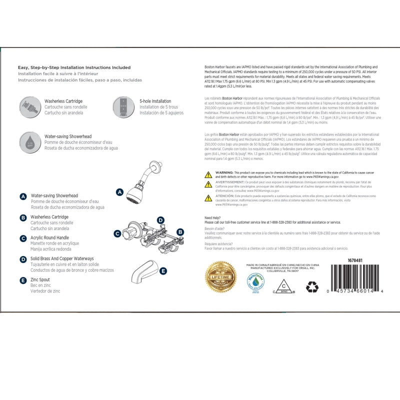 Boston Harbor GU-F3010506CP Tub/Shower, Fixed Mount Showerhead, 1.75 gpm Showerhead, 1 Spray Settings, 3-Handle