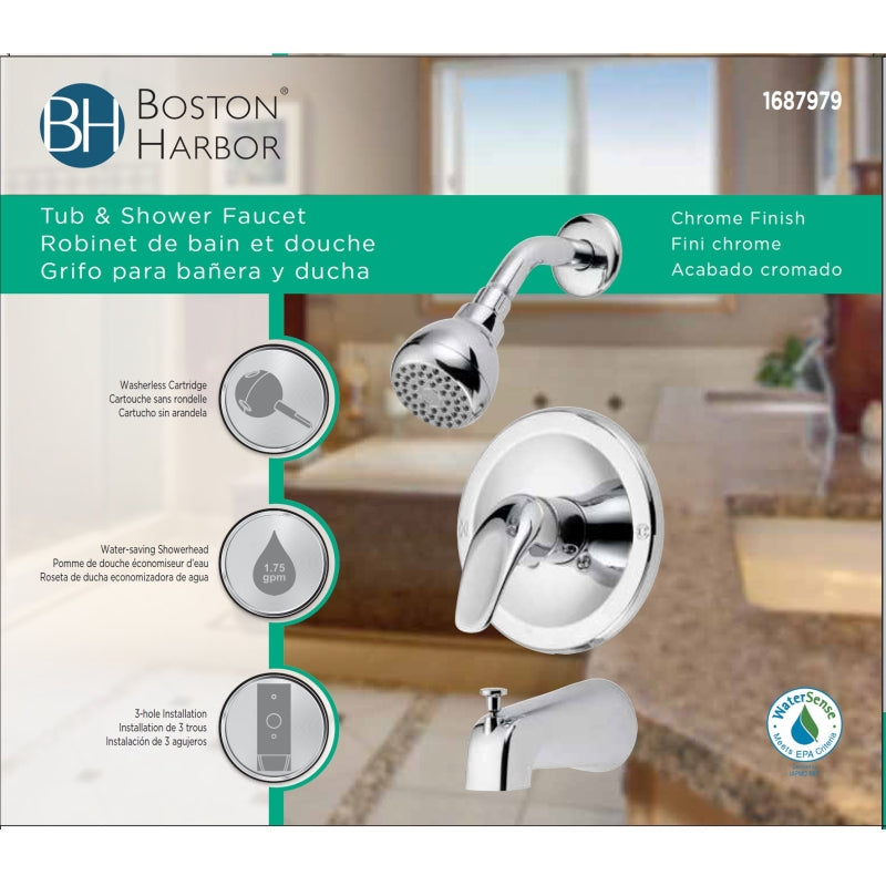 Boston Harbor TQ-F1014209CP Tub/Shower, Fixed Mount Showerhead, 1.75 gpm Showerhead, 1 Spray Settings, 1-Handle