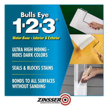 Zinsser Bulls-Eye 1-2-3 White Water-Based Styrenated Acrylic Primer and Sealer 1 qt, Pack of 6