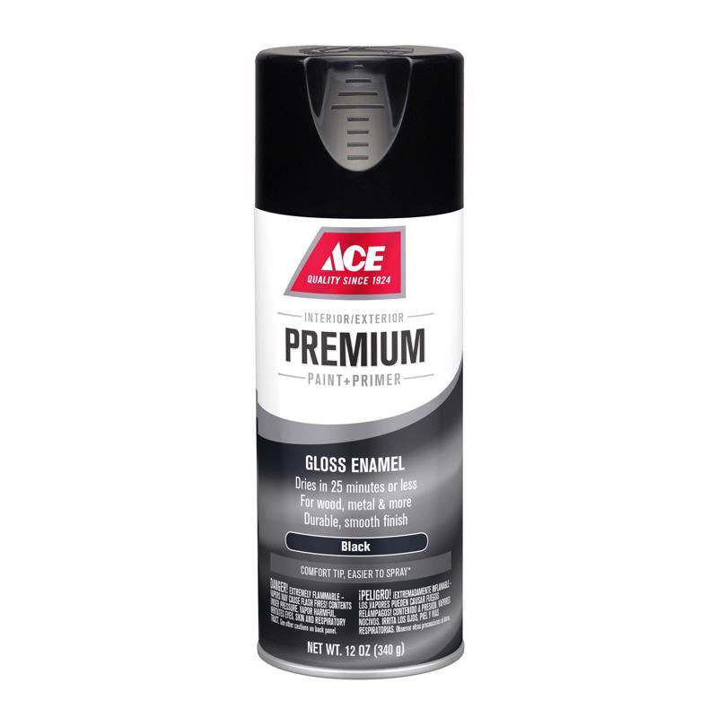 Ace Premium Gloss Black Paint + Primer Enamel Spray 12 oz, Pack of 6
