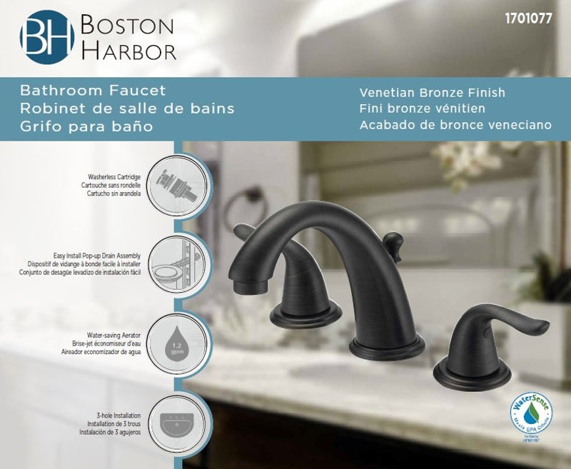 Boston Harbor TQ-FW6B0000RW Lavatory Faucet, 1.2 gpm, 2-Handle, 3-Faucet Hole, Brass/Plastic/Zinc, Lever Handle