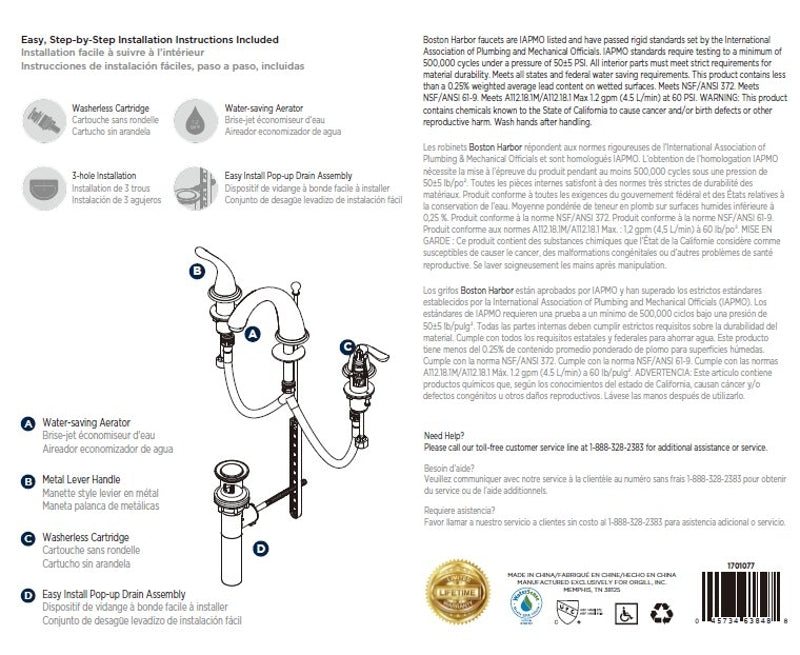 Boston Harbor TQ-FW6B0000RW Lavatory Faucet, 1.2 gpm, 2-Handle, 3-Faucet Hole, Brass/Plastic/Zinc, Lever Handle