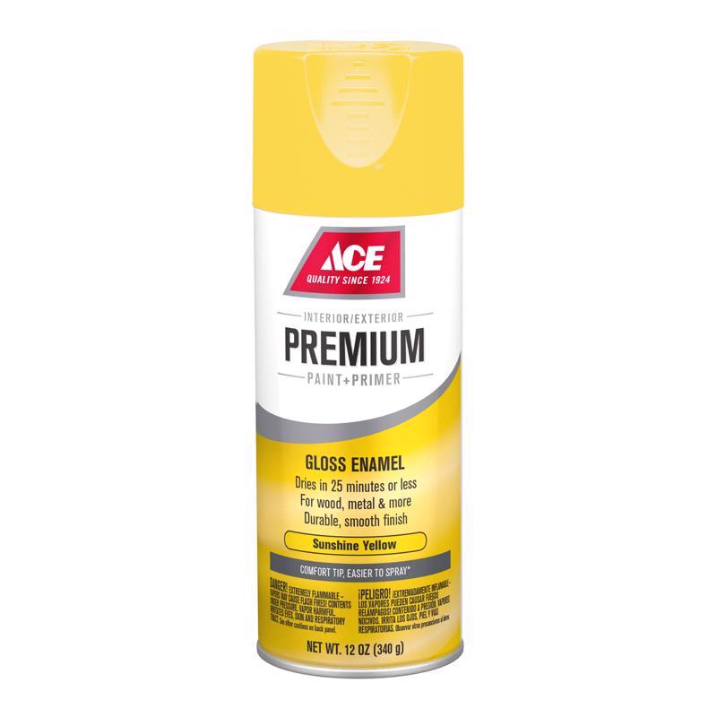Ace Premium Gloss Sunshine Yellow Paint + Primer Enamel Spray 12 oz, Pack of 6