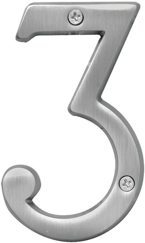 Hy-Ko Prestige Series BR-43SN/3 House Number, Character: 3, 4 in H Character, Nickel Character, Brass, Pack of 3