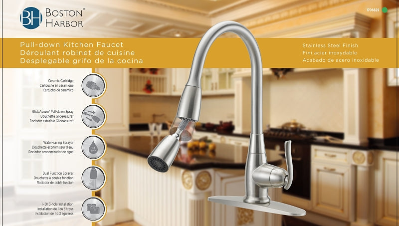Boston Harbor FP4A0000NP Faucet Pull-Down Kitchen Faucet, 1.8 gpm, 1-Handle, 1 or 3-Faucet Hole