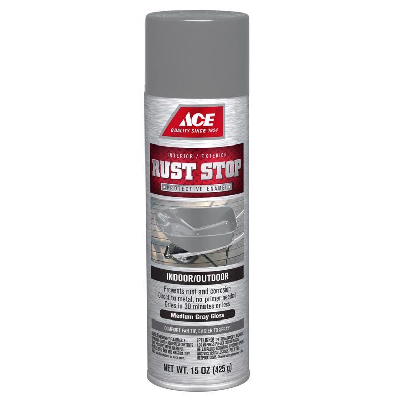 Ace Rust Stop Gloss Medium Gray Protective Enamel Spray Paint 15 oz, Pack of 6