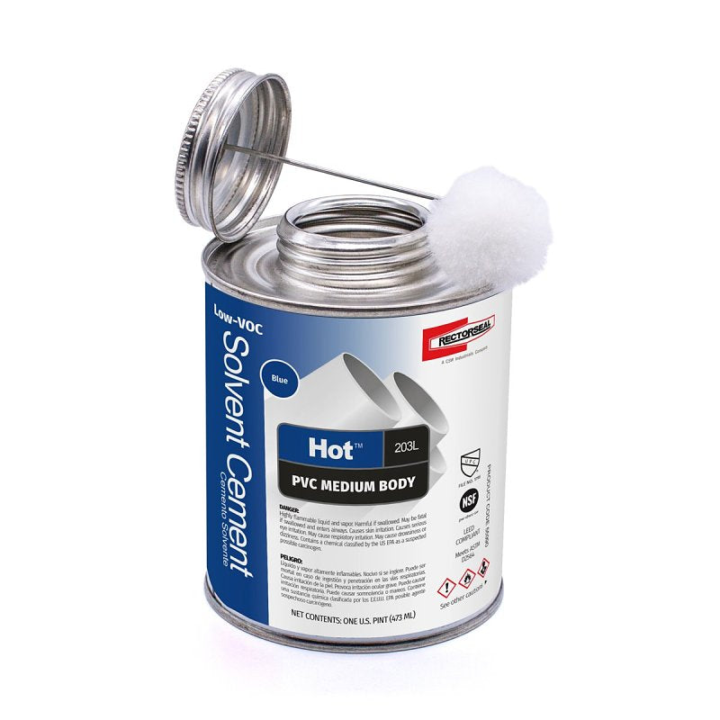 Rectorseal Hot 203L 55990 Medium Body Solvent Cement, 1 pt Can, Liquid, Blue, Pack of 12