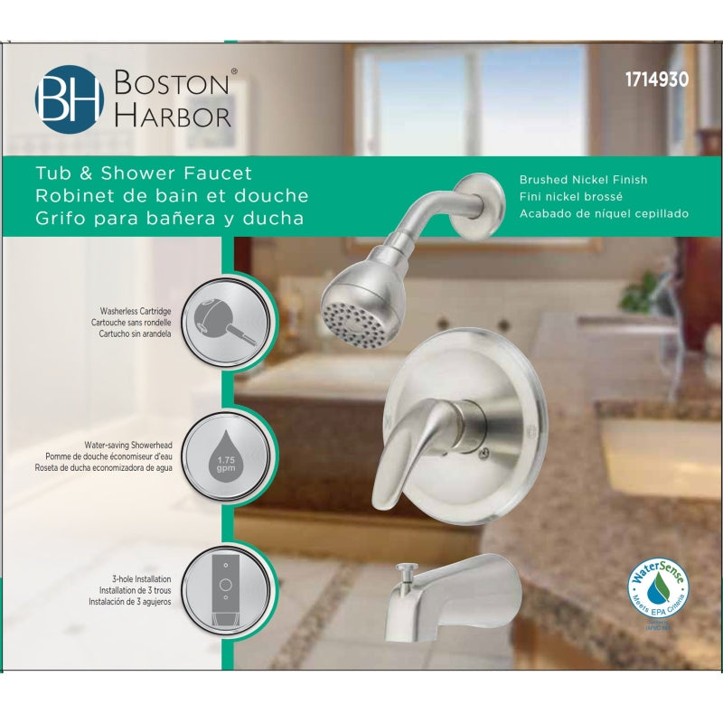 Boston Harbor TQ-F1014209NP Tub/Shower, Fixed Mount Showerhead, 1.75 gpm Showerhead, 1 Spray Settings, 1-Handle