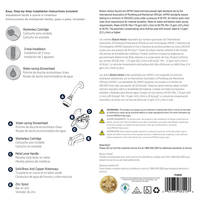 Boston Harbor TQ-F1014209NP Tub/Shower, Fixed Mount Showerhead, 1.75 gpm Showerhead, 1 Spray Settings, 1-Handle