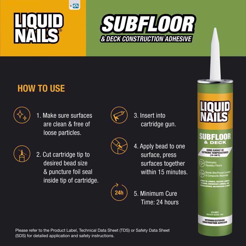 Liquid Nails Subfloor & Deck Synthetic Rubber Construction Adhesive 10 oz, Pack of 12