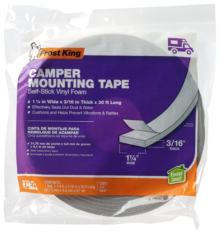 Frost King V447H Foam Tape, 1-1/4 in W, 30 ft L, 3/16 in Thick, PVC, Gray