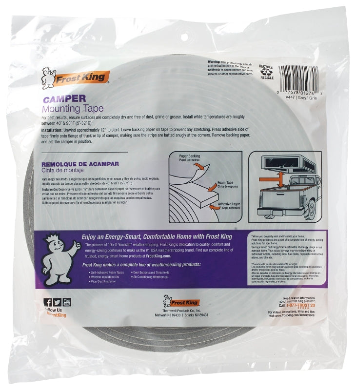 Frost King V447H Foam Tape, 1-1/4 in W, 30 ft L, 3/16 in Thick, PVC, Gray