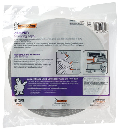 Frost King V447H Foam Tape, 1-1/4 in W, 30 ft L, 3/16 in Thick, PVC, Gray