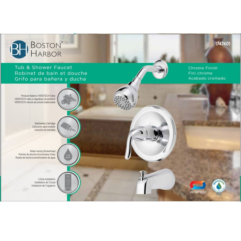 Boston Harbor TQ-F1214517CP Tub/Shower, Fixed Mount Showerhead, 1.75 gpm Showerhead, 1 Spray Settings, 1-Handle