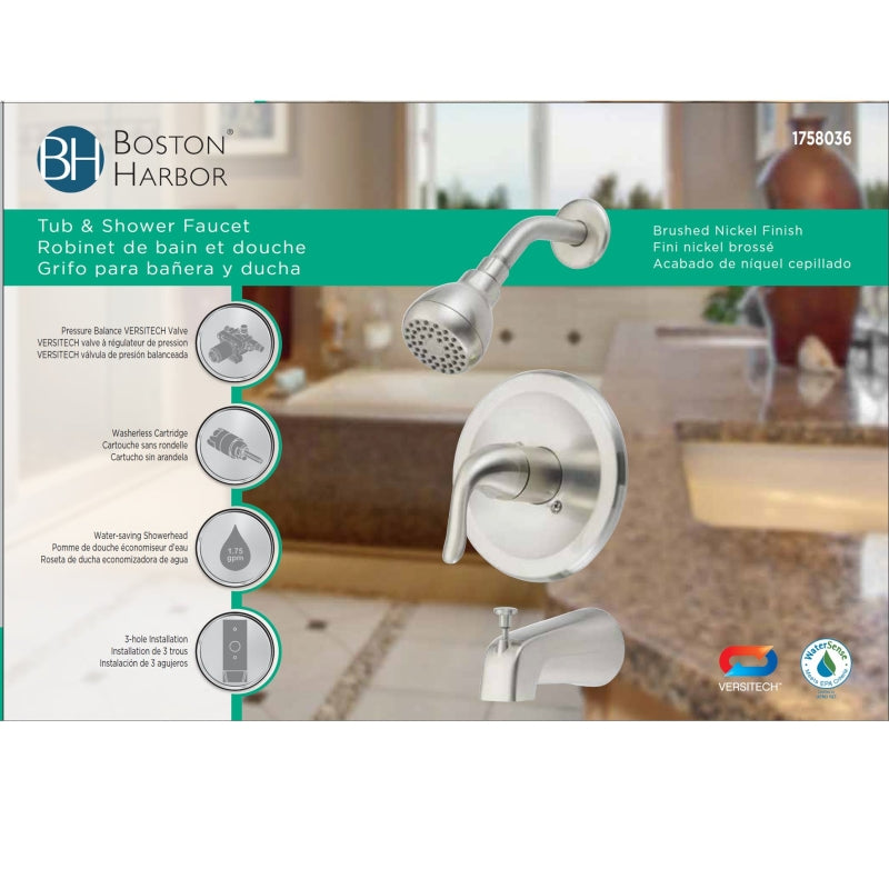 Boston Harbor TQ-F1214517NP Tub/Shower, Fixed Mount Showerhead, 1.75 gpm Showerhead, 1 Spray Settings, 1-Handle