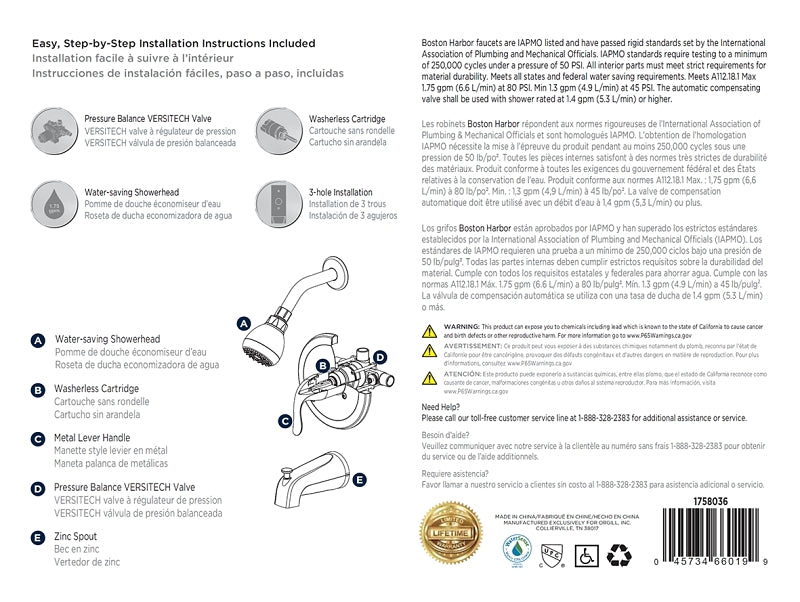 Boston Harbor TQ-F1214517NP Tub/Shower, Fixed Mount Showerhead, 1.75 gpm Showerhead, 1 Spray Settings, 1-Handle