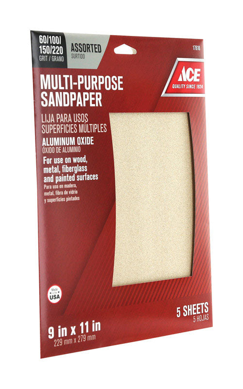 Ace 11 in. L X 9 in. W Assorted Grit Aluminum Oxide Sandpaper 5 pk, Pack of 10