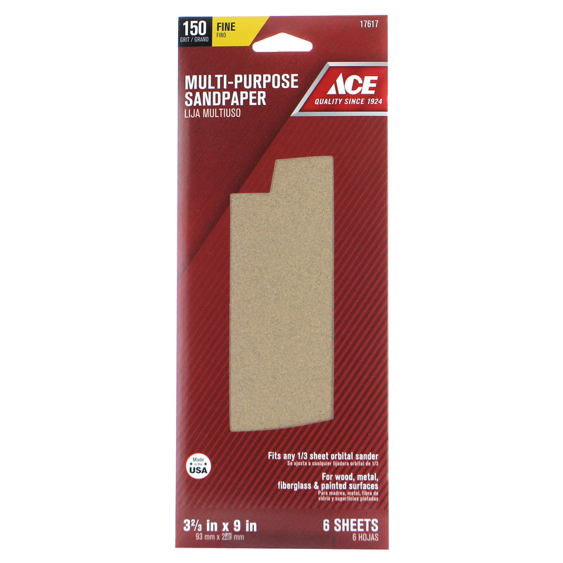 Ace 9 in. L X 3-2/3 in. W 150 Grit Aluminum Oxide Sandpaper 6 pk, Pack of 10