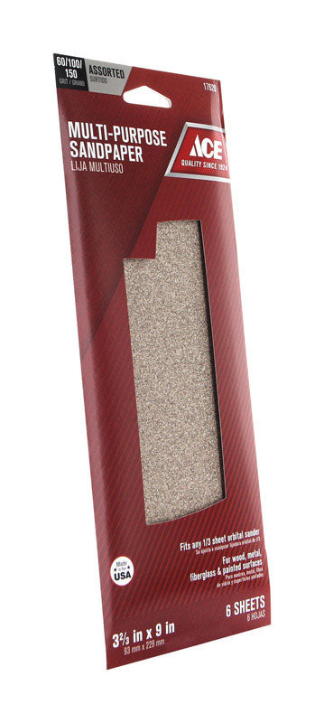 Ace 9 in. L X 3-2/3 in. W Assorted Grit Aluminum Oxide Sandpaper 6 pk, Pack of 10