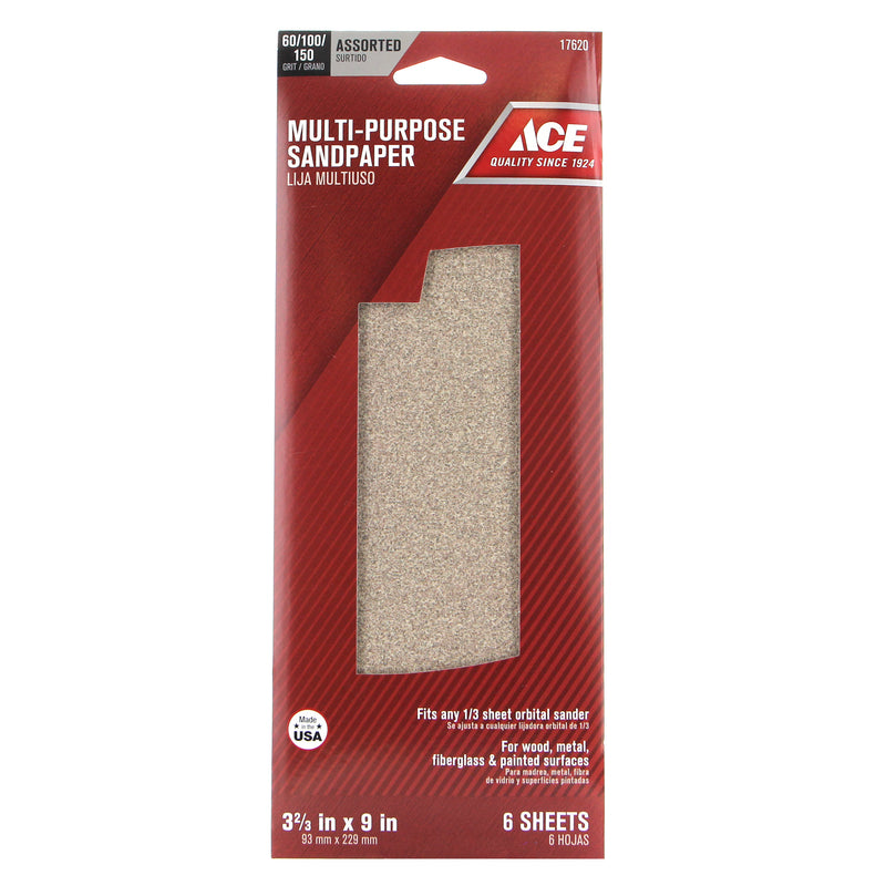 Ace 9 in. L X 3-2/3 in. W Assorted Grit Aluminum Oxide Sandpaper 6 pk, Pack of 10