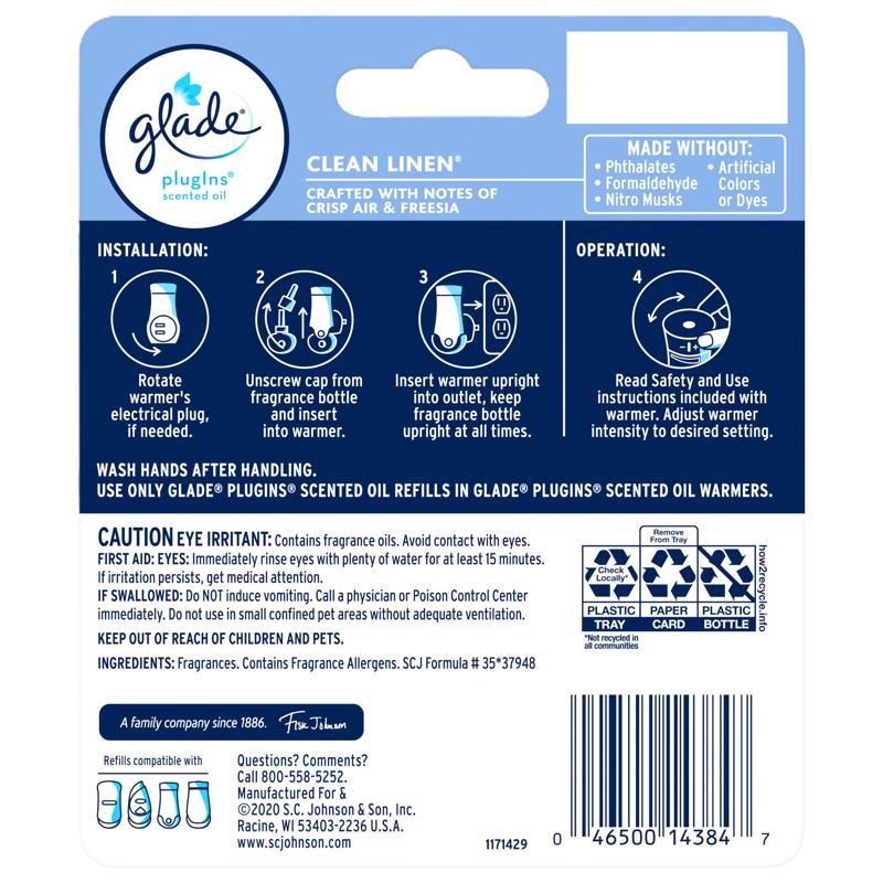Glade Plug-Ins Clean Linen Scent Air Freshener Refill 1.34 oz Liquid, Pack of 6