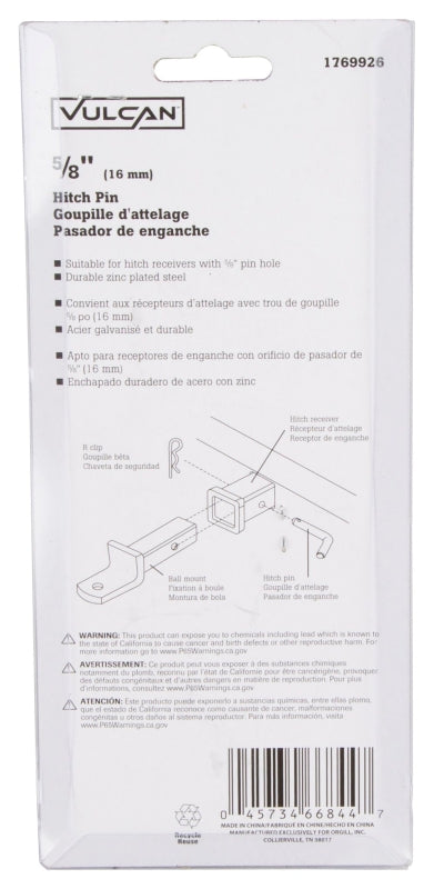 Vulcan HP-12 Hitch Pin, 1/2 in Dia Pin, 4 in OAL, Steel, Zinc