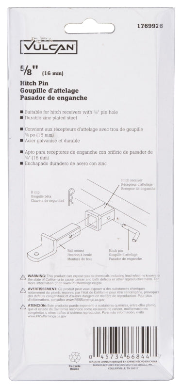 Vulcan HP-58 Hitch Pin, 5/8 in Dia Pin, 5 in OAL, Steel, Zinc