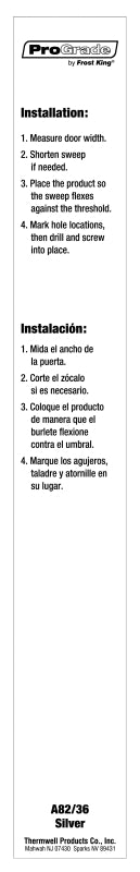 Frost King A82/36H Door Sweep, 36 in L, 2-3/8 in W, Aluminum Flange