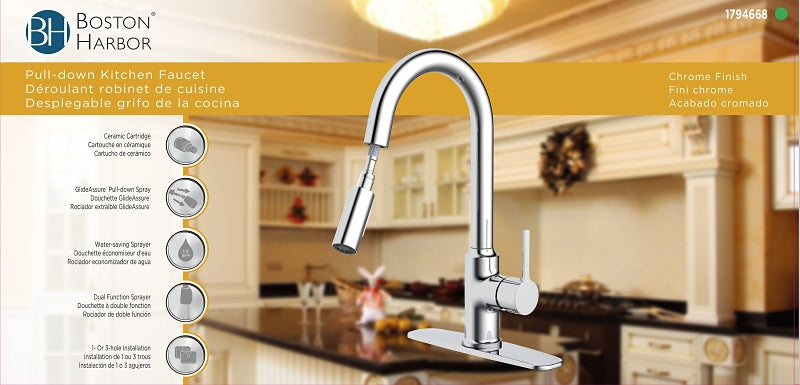 Boston Harbor FP4AF227CP Contemporary Pull-Down Kitchen Faucet, 1.8 gpm, 1-Handle, 1 or 3-Faucet Hole