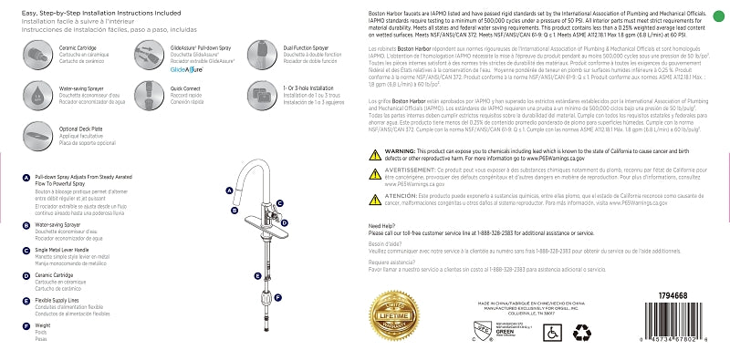 Boston Harbor FP4AF227CP Contemporary Pull-Down Kitchen Faucet, 1.8 gpm, 1-Handle, 1 or 3-Faucet Hole