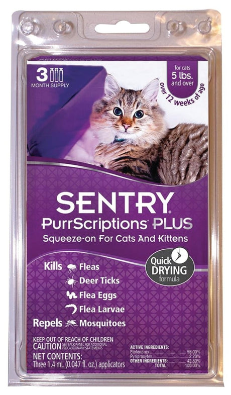 Sentry PurrScriptions Plus 01981 Flea and Tick Squeeze-On, Clear/Light Yellow, Liquid, Mild Acetate, 3 Count