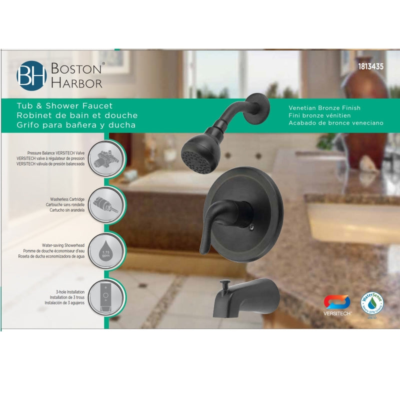 Boston Harbor TQ-F1214517RW Tub/Shower, Fixed Mount Showerhead, 1.75 gpm Showerhead, 1 Spray Settings, 1-Handle