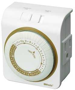 Woods 50001 Mechanical Timer, 15 A, 125 V, 1875 W, 24 hr Time Setting, White, 24 On/Off Cycles Per Day Cycle