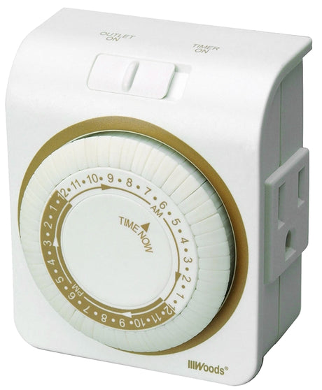 Woods 50001 Mechanical Timer, 15 A, 125 V, 1875 W, 24 hr Time Setting, White, 24 On/Off Cycles Per Day Cycle