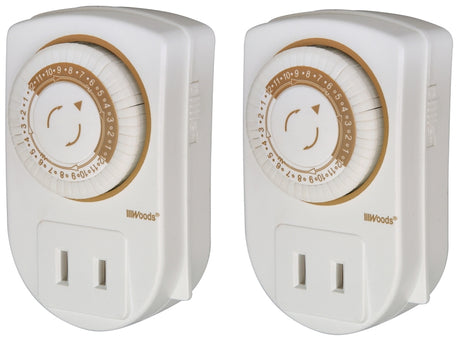 Woods 50006 Mechanical Timer, 15 A, 125 V, 1875 W, White, 24 hr Time Setting, 24 On/Off Cycles Per Day Cycle