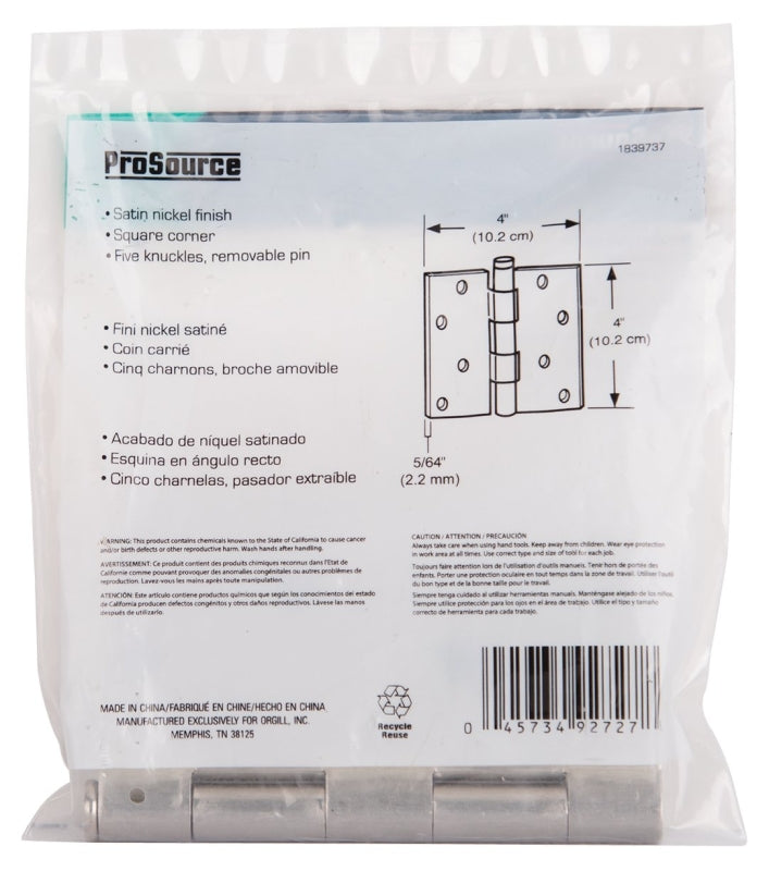 ProSource 20339SNX Square Corner Door Hinge, Steel, Satin Nickel, Loose Pin, 180 deg Range of Motion